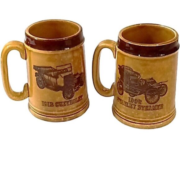 Vintage Pair of Ceramic Beer Mugs Tan & Brown Collectable Old Cars Made in Japan - Picture 1 of 6